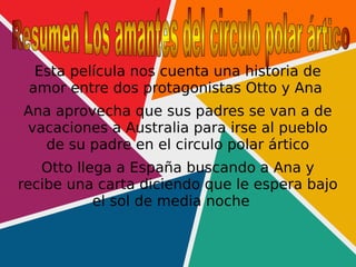 Esta película nos cuenta una historia de
amor entre dos protagonistas Otto y Ana
Ana aprovecha que sus padres se van a de
vacaciones a Australia para irse al pueblo
de su padre en el circulo polar ártico
Otto llega a España buscando a Ana y
recibe una carta diciendo que le espera bajo
el sol de media noche
 