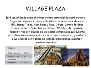 VILLAGE PLAZA
Está consolidando como el primer centro comercial de Samborondón.
    Según los balances, el número de visit...