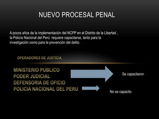 NUEVO PROCESAL PENAL
A pocos años de la implementación del NCPP en el Distrito de la Libertad ,
la Policía Nacional del Perú requiere capacitarse, tanto para la
investigación como para la prevención del delito.
Se capacitaron
No se capacito
 