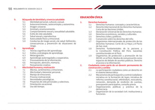 5.	 Búsqueda de identidad y vivencia saludable
5.1	 Identidad personal, cultural y sexual.
5.2	 Autoconocimiento, autoconcepto y autoestima.
5.3	 Imagen corporal.
5.4	 Amistad y enamoramiento.
5.5	 Comportamiento sexual y sexualidad saludable.
5.6	 Estilo de vida saludable.
5.7	 Salud sexual y reproductiva.
5.8	 Autocuidado físico y emocional.
5.9	 Conductas de riesgo social y de salud: Definición,
consecuencias y prevención de situaciones de
riesgo.
6.	Aprendizaje
6.1	 Teorías cognitivas del aprendizaje.
6.2	 Estilos y estrategias de aprendizaje.
6.3	Metacognición.
6.4	 Aprendizaje autorregulado y cooperativo.
6.5	 Procesamiento de la información.
6.6	 Percepción, atención, memoria.
6.7	 Pensamiento creativo.
7.	 Afectividad humana y motivación
7.1	 Afectos, sentimientos y emociones.
7.2	 Afectividad y bienestar personal.
7.3	 Manejo de emociones.
7.4	 Proceso motivacional.
7.5	 Necesidades psicológicas.
7.6	 Proyectos de vida personales y colectivos.
7.7	 Orientación vocacional.
7.8	 Uso del tiempo.
EDUCACIÓN CÍVICA
1.	 Derechos humanos
1.1	 Derechos humanos: concepto y características.
1.2	 Derecho Internacional de los Derechos Humanos:
Carta de las Naciones Unidas.
1.3	 Declaración Universal de los Derechos Humanos.
1.4	 Derechos económicos, sociales y culturales.
1.5	 Derechos civiles y políticos.
1.6	 Convención sobre los derechos del niño.
1.7	 Organismos internacionales de protección de los
derechos humanos: Corte de La Haya y el Pacto
de San José.
1.8	 Derechos fundamentales de la persona y
la Constitución Política del Perú. Garantías
constitucionales en el Perú.
1.9	 Organismos de protección y promoción de los
DD.HH. en el Perú. Medios de comunicación como
espacios de debate de asuntos públicos. Derecho
al acceso a la información.
2.	 Ciudadanía como parte de un devenir permanente de
construcción y cambio
2.1	 La participación ciudadana como un derecho en
el sistema democrático.
2.2	 Mecanismosdeparticipaciónycontrolciudadano:
iniciativa en la formación de leyes; iniciativa de
reforma constitucional; referéndum, revocatoria,
remoción, demanda de rendición de cuentas,
presupuesto participativo, consulta previa.
2.3	 Organizaciones políticas y práctica de la
democracia.
2.4	 Organización de la sociedad civil: instituciones y
funciones.
98 REGLAMENTO DE ADMISIÓN 2022-II
 