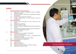 QUÍMICA
1.	 Magnitudes fundamentales y derivadas
1.1	 Mediciones y sistema internacional (SI) de unidades.
Notación científica.
1.2	 Densidad. Materia. Clasificación y propiedades. Estados
de la materia.
1.3	 Cambios físicos, químicos y nucleares.
1.4	 Energía. Transferencia de calor sensible. Leyes de
conservación.
2.	 Estructura atómica
2.1	 Número atómico. Número de masa. Unidad de masa
atómica.
2.2	 Isótopo. Masas atómicas.
2.3	 Modelos atómicos, ondas.
2.4	 Números cuánticos. Configuración electrónica de átomos
e iones.
2.5	 Tablaperiódicamoderna.Periodosygrupos.Metalesyno
metales. Propiedades periódicas.
2.6	 Notación de Lewis.
3.	 Enlaces químicos
3.1	 Covalente, iónico y metálico. Propiedades.
3.2	 Fuerzas intermoleculares.
3.3	 Número de oxidación. Formación y nomenclatura de
compuestos. Fórmula.
3.4	 Nomenclatura: tradicional, IUPAC, STOCK.
3.5	 Funciones químicas inorgánicas.
4.	 Reacciones químicas
4.1	Clasificación.
4.2	 Reacciones rédox.
4.3	 Balance de ecuaciones.
4.4	 Métodos de balance: tanteo, ion electrón y rédox.
4.5	 Reacciones nucleares. Tipos.
Docente sanmarquino - Laboratorio
113
REGLAMENTO DE ADMISIÓN 2022-II
 