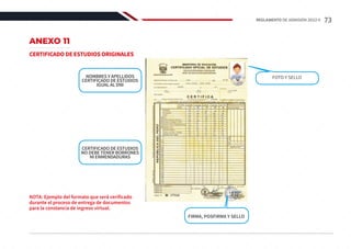 NOMBRES Y APELLIDOS
CERTIFICADO DE ESTUDIOS
IGUAL AL DNI
FOTO Y SELLO
FIRMA, POSFIRMA Y SELLO
CERTIFICADO DE ESTUDIOS
NO DEBE TENER BORRONES
NI ENMENDADURAS
ANEXO 11
CERTIFICADO DE ESTUDIOS ORIGINALES
NOTA: Ejemplo del formato que será verificado
durante el proceso de entrega de documentos
para la constancia de ingreso virtual.
73
REGLAMENTO DE ADMISIÓN 2022-II
 