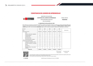 Fecha de emisión: 7 de octubre de 2020
Hora de emisión: 19:15 horas
* Esta constancia puede ser verificada en el sitio web del Ministerio de Educación (https://constancia.minedu.gob.pe/validate), utilizando lectora de códigos QR o teléfono celular
enfocando al código QR: el celular debe poseer un software gratuito descargado de internet.
* EXO: exoneración del área de educación religiosa a solicitud del padre o madre de familia, tutor legal o apoderado.
N.° 00015260 Calle Del Comercio 193, San Borja, Lima, Perú / (511) 615-5800
MINISTERIO DE EDUCACIÓN
CONSTANCIA DE LOGROS DE APRENDIZAJE CÓDIGO VIRTUAL
EDUCACIÓN BÁSICA REGULAR XXXXXXXX
NIVEL SECUNDARIA
EL MINISTERIO DE EDUCACIÓN DEL PERÚ
Hace constar que, de acuerdo con la información registrada en el Sistema de Información de Apoyo a la Gestión de la Institución Educativa (Siagie), el/la
estudiante XXXXXXXXXXXXXXXXXXXXXXX, con DNI N.° XXXXXXXX, registra calificativos correspondiente(s) a PRIMER, SEGUNDO, TERCER, CUARTO
y QUINTO grado de EBR, nivel de educación SECUNDARIA, según consta en las actas de evaluación respectivas cuyo detalle figura a continuación:
Año lectivo 2013 2014 2015 2016 2017
Grado 1.° 2.° 3.° 4.° 5.°
Código modular de la IE XXXXXXX-X XXXXXXX-X XXXXXXX-X XXXXXXX-X XXXXXXX-X
Observaciones
ARTE 17 16 19 17 17
CIENCIA, TECNOLOGÍA Y AMBIENTE 15 17 18 17 17
COMPORTAMIENTO AD A A A AD
COMUNICACIÓN 16 17 17 17 16
EDUCACIÓN FÍSICA 17 16 17 16 17
EDUCACIÓN PARA EL TRABAJO 16 18 16 16 14
EDUCACIÓN RELIGIOSA 16 16 17 18 17
FORMACIÓN CIUDADANA Y CÍVICA 18 16 19 18 18
HISTORIA, GEOGRAFÍA Y ECONOMÍA 15 17 18 18 19
INGLÉS 15 16 16 16 18
MATEMÁTICA 14 17 17 17 16
Área
curricular
PERSONA, FAMILIA Y RELACIONES
HUMANAS
17 17 19 17 17
Situación final APROBADO APROBADO APROBADO APROBADO APROBADO
CONSTANCIA DE LOGROS DE APRENDIZAJE
74 REGLAMENTO DE ADMISIÓN 2022-II
 