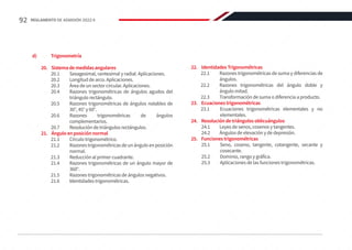 d)	Trigonometría
20.	 Sistema de medidas angulares
20.1	 Sexagesimal, centesimal y radial. Aplicaciones.
20.2	 Longitud de arco. Aplicaciones.
20.3	 Área de un sector circular. Aplicaciones.
20.4	 Razones trigonométricas de ángulos agudos del
triángulo rectángulo.
20.5	 Razones trigonométricas de ángulos notables de
30°, 45° y 60°.
20.6	Razones trigonométricas de ángulos
complementarios.
20.7	 Resolución de triángulos rectángulos.
21.	 Ángulo en posición normal
21.1	 Círculo trigonométrico.
21.2	 Razonestrigonométricasdeunánguloenposición
normal.
21.3	 Reducción al primer cuadrante.
21.4	 Razones trigonométricas de un ángulo mayor de
360°.
21.5	 Razones trigonométricas de ángulos negativos.
21.6	 Identidades trigonométricas.
22.	 Identidades Trigonométricas
22.1	 Razones trigonométricas de suma y diferencias de
ángulos.
22.2	 Razones trigonométricas del ángulo doble y
ángulo mitad.
22.3	 Transformación de suma o diferencia a producto.
23.	 Ecuaciones trigonométricas
23.1	 Ecuaciones trigonométricas elementales y no
elementales.
24.	 Resolución de triángulos oblicuángulos
24.1	 Leyes de senos, cosenos y tangentes.
24.2	 Ángulos de elevación y de depresión.
25.	 Funciones trigonométricas
25.1	 Seno, coseno, tangente, cotangente, secante y
cosecante.
25.2	 Dominio, rango y gráfica.
25.3	 Aplicaciones de las funciones trigonométricas.
92 REGLAMENTO DE ADMISIÓN 2022-II
 