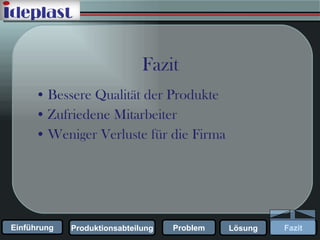 Fazit Bessere Qualität der Produkte Zufriedene Mitarbeiter Weniger Verluste für die Firma 