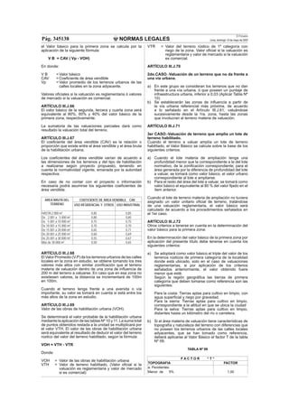 NORMAS LEGALES
El Peruano
Lima, domingo 13 de mayo de 2007Pág. 345138
el Valor básico para la primera zona se calcula por la
aplicación de la siguiente fórmula:
V B = CAV ( Vp - VOH)
En donde:
V B =Valor básico
CAV =Coeﬁciente de área vendible
Vp =Valor promedio de los terrenos urbanos de las
calles locales en la zona adyacente.
Valores oﬁciales si la valuación es reglamentaria ó valores
de mercado si la valuación es comercial.
ARTÍCULO III.J.66
El valor básico de la segunda, tercera y cuarta zona será
equivalente al 80%, 60% y 40% del valor básico de la
primera zona, respectivamente.
La sumatoria de las valuaciones parciales dará como
resultado la valuación total del terreno.
ARTÍCULO III.J.67
El coeﬁciente del área vendible (CAV) es la relación o
proporción que existe entre el área vendible y el área bruta
de la habilitación urbana.
Los coeﬁcientes del área vendible varían de acuerdo a
las dimensiones de los terrenos y del tipo de habilitación
a realizarse según proyecto propuesto, teniendo en
cuenta la normatividad vigente, emanada por la autoridad
respectiva.
En caso de no contar con el proyecto o información
necesaria podrá asumirse los siguientes coeﬁcientes de
área vendible.
AREA BRUTA DEL
TERRENO
COEFICIENTE DE ÁREA VENDIBLE CAV
USO RESIDENCIAL Y OTROS USO INDUSTRIAL
HASTA 2 000 m² 0,85 0,85
De 2 001 a 5 000 m² 0,80 0,80
De 5 001 a 10 000 m² 0,75 0,75
De 10 001 a 15 000 m² 0,70 0,70
De 15 001 a 20 000 m² 0,65 0,71
De 20 001 a 25 000 m² 0,60 0,69
De 25 001 a 30 000 m² 0,55 0,67
Más de 30 000 m² 0,50 0,65
ARTÍCULO III.J.68
El Valor Promedio (V.P) de los terrenos urbanos de las calles
locales en la zona en estudio, se obtiene tomando los tres
valores más altos con similar zoniﬁcación que el terreno
materia de valuación dentro de una zona de inﬂuencia de
200 m del terreno a valuarse. En caso que en esa zona no
existiesen valores, la distancia se incrementará de 100m
en 100m.
Cuando el terreno tenga frente a una avenida o vía
importante, su valor se tomará en cuenta si está entre los
más altos de la zona en estudio.
ARTÍCULO III.J.69
Valor de las obras de habilitación urbana (VOH).
Se determinará el valor probable de la habilitación urbana
mediante la aplicación de las tablas Nº 10 y 11. La suma total
de puntos obtenidos restada a la unidad se multiplicará por
el valor VTH. El valor de las obras de habilitación urbana
será equivalente al resultado de deducir el valor del terreno
rústico del valor del terreno habilitado, según la fórmula:
VOH = VTH - VTR
Donde:
VOH = Valor de las obras de habilitación urbana
VTH = Valor de terreno habilitado. (Valor oﬁcial si la
valuación es reglamentaria y valor de mercado
si es comercial)
VTR = Valor del terreno rústico de 1º categoría con
riego de la zona. Valor oﬁcial si la valuación es
reglamentaria y valor de mercado si la valuación
es comercial.
ARTÍCULO III.J.70
2do.CASO.-Valuación de un terreno que no da frente a
una vía urbana.
a) En este grupo se consideran los terrenos que no dan
frente a una vía urbana, ó que poseen un puntaje de
infraestructura urbana, inferior a 0,03 (Aplicar Tabla Nº
10)
b) Se establecerán las zonas de inﬂuencia a partir de
la vía urbana referencial más próxima, de acuerdo
a lo señalado en el Artículo III.J.61; valuándose
sucesivamente desde la 1ra. zona, hasta las zonas
que involucran al terreno materia de valuación.
ARTÍCULO III.J.71
3er CASO.-Valuación de terreno que amplía un lote de
terreno habilitado.
Cuando el terreno a valuar amplía un lote de terreno
habilitado, el Valor Básico se calcula sobre la base de los
siguientes criterios:
a) Cuando el lote materia de ampliación tenga una
profundidad menor que la correspondiente a la del lote
normativo, de la zoniﬁcación correspondiente; para el
área generada por la diferencia de profundidad del lote
a valuar, se tomará como valor básico, el valor urbano
correspondiente al lote a ampliarse.
b) Para el resto del área del lote a valuar, se tomará como
valor básico el equivalente al 80 % del valor ﬁjado en el
ítem anterior.
Cuando el lote de terreno materia de ampliación no tuviera
asignado un valor unitario oﬁcial de terreno, tratándose
de una valuación reglamentaria, el valor básico será
calculado de acuerdo a los procedimientos señalados en
el 1er caso.
ARTÍCULO III.J.72
Otros criterios a tenerse en cuenta en la determinación del
valor básico para la primera zona:
En la determinación del valor básico de la primera zona por
aplicación del presente título debe tenerse en cuenta los
siguientes criterios:
a) Se adoptará como valor básico el triple del valor de los
terrenos rústicos de primera categoría de la localidad
donde está ubicado, solo en el caso de valuaciones
reglamentarias, si por aplicación de los criterios
señalados anteriormente, el valor obtenido fuere
menor que esté.
Según la región geográﬁca las tierras de primera
categoría que deben tomarse como referencia son las
siguientes:
Para la costa: Tierras aptas para cultivo en limpio, con
agua superﬁcial y riego por gravedad.
Para la sierra: Tierras aptas para cultivo en limpio,
correspondiente a la altitud en que se ubica la ciudad
Para la selva: Tierras aptas para cultivo en limpio,
distantes hasta un kilómetro del río o carretera.
b) Si el área materia de valuación tiene características de
topografía y naturaleza del terreno con diferencias que
no poseen los terrenos urbanos de las calles locales
adyacentes, que se han tomado como referencia,
deberá aplicarse al Valor Básico el factor T de la tabla
Nº 09.
TABLA Nº 09
F A C T O R “ T “
TOPOGRAFIA FACTOR
a. Pendientes:
Menor de 5% 1,00
 