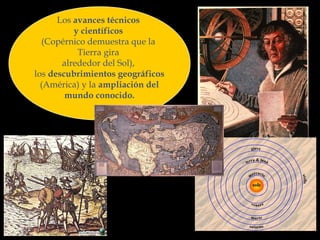 Los avances técnicos
y científicos
(Copérnico demuestra que la
Tierra gira
alrededor del Sol),
los descubrimientos geográficos
(América) y la ampliación del
mundo conocido.

 