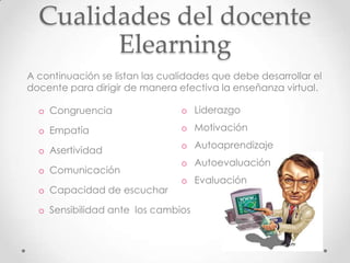 Cualidades del docente
        Elearning
A continuación se listan las cualidades que debe desarrollar el
docente para dirigir de manera efectiva la enseñanza virtual.

  o Congruencia                 o Liderazgo

  o Empatía                     o Motivación
                                o Autoaprendizaje
  o Asertividad
                                o Autoevaluación
  o Comunicación
                                o Evaluación
  o Capacidad de escuchar

  o Sensibilidad ante los cambios
 