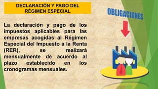 DECLARACIÓN Y PAGO DEL
RÉGIMEN ESPECIAL
La declaración y pago de los
impuestos aplicables para las
empresas acogidas al Régimen
Especial del Impuesto a la Renta
(RER), se realizará
mensualmente de acuerdo al
plazo establecido en los
cronogramas mensuales.
 