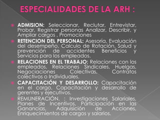    ADMISION: Seleccionar, Reclutar, Entrevistar,
    Probar, Registrar personas Analizar, Describir, y
    Ampliar cargos , Promociones
   RETENCION DEL PERSONAL: Asesoría, Evaluación
    del desempeño, Calculo de Rotación, Salud y
    prevención de accidentes Beneficios y
    Servicios para los empleados.
   RELACIONES EN EL TRABAJO: Relaciones con los
    empleados, Relaciones Sindicales, Huelgas,
    Negociaciones        Colectivas,       Contratos
    colectivos o Individuales.
   CAPACITACIÓN Y DESARROLLO: Capacitación
    en el cargo, Capacitación y desarrollo de
    gerentes y ejecutivos.
   REMUNERACIÓN. : Investigaciones Salariales,
    Planes de Incentivos, Participación en las
    Ganancias,       Adquisición  de       Acciones,
    Enriquecimientos de cargos y salarios.
 