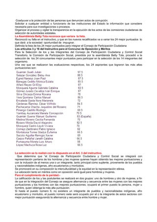 Coadyuvar a la protección de las personas que denuncien actos de corrupción.
Solicitar a cualquier entidad o funcionario de las instituciones del Estado la información que considere
necesaria para sus investigaciones o procesos.
Organizar el proceso y vigilar la transparencia en la ejecución de los actos de las comisiones ciudadanas de
selección de autoridades estatales.
La Asambleísta Betty Tola reconoce que variara la lista.
Reconoció su falla en el instructivo, y que en los nuevos recalificados va a variar los 24 mejor puntuados lo
que dará a la sociedad oportunidad de impugnar.
Definida la lista de los 24 mejor puntuados para integrar el Consejo de Participación Ciudadana
Los artículos 3 y 16 del Instructivo para el Concurso de Oposición y Méritos
Para la Selección de los y las Integrantes del Consejo de Participación Ciudadana y Control Social
Transitorio, la Comisión de Participación Social, presidida por la asambleísta Betty Tola, procedió a la
selección de los 24 concursantes mejor puntuados para participar en la selección de los 14 integrantes del
organismo.
Una vez que se realizaron las evaluaciones respectivas, los 24 aspirantes que lograron las más altas
puntuaciones son:




La selección se lo realizó con lo dispuesto en el Art. 3 del instructivo.
  Que determina que “el Consejo de Participación Ciudadana y Control Social se integrará con
representación paritaria de los hombres y las mujeres quienes hayan obtenido las mejores puntuaciones y
con la inclusión de al menos una o un integrante, tanto principal como suplente, proveniente de los pueblos
y nacionalidades indígenas, afro ecuatorianos y montubios.
Se promoverá en su composición la interculturalidad y la equidad en la representación etérea.
La valoración tanto en méritos como en oposición será igual para hombres y mujeres.
Para el cumplimiento de la paridad.-
La calificación de los y las postulantes se realizará en dos grupos: uno de hombres y otro de mujeres, a fin
de que en la integración del Consejo se asegure alternancia y secuencia entre las mujeres con las mejores
puntuaciones y los hombres con las mejores puntuaciones; ocupará el primer puesto la persona, mujer u
hombre, quien obtenga la más alta puntuación.
Si hasta el puesto número 6, no existiera un integrante de pueblos y nacionalidades indígenas, afro
ecuatoriano y montubio, el puesto número siete será ocupado por el o la integrante de estos sectores con
mejor puntuación asegurando la alternancia y secuencia entre hombre y mujer.
 
