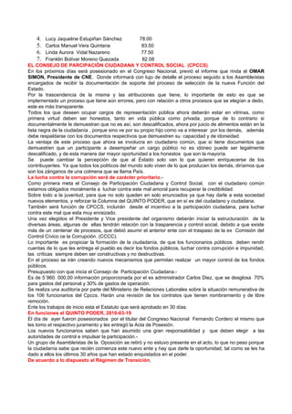 4.   Lucy Jaqueline Estupiñan Sánchez            78.00
    5.   Carlos Manuel Vera Quintana                  83.50
    6.   Linda Aurora Vidal Nazareno                  77.50
    7.   Franklin Bolívar Moreno Quezada              82.08
EL CONSEJO DE PARCIPACIÓN CIUDADANA Y CONTROL SOCIAL (CPCCS)
En los próximos días será posesionado en el Congreso Nacional, previó el informe que rinda el OMAR
SIMON, Presidente de CNE. Donde informará con lujo de detalle el proceso seguido a los Asambleístas
encargados de recibir la documentación de soporte del proceso de selección de la nueva Función del
Estado.
Por la trascendencia de la misma y las atribuciones que tiene, lo importante de esto es que se
implementado un proceso que tiene aún errores, pero con relación a otros procesos que se elegían a dedo,
este es más transparente.
Todos los que deseen ocupar cargos de representación pública ahora deberán estar en vitrinas, como
primera virtud deben ser honestos, tanto en vida pública como privada, porque de lo contrario si
documentalmente le demuestran que no es así, son descalificados, ahora por juicio de alimentos están en la
lista negra de la ciudadanía , porque sino ve por su propio hijo como va a interesar por los demás, además
debe respaldarse con los documentos respectivos que demuestren su capacidad y de idoneidad.
La ventaja de este proceso que ahora se involucra en ciudadano común, que si tiene documentos que
demuestren que un participante a desempeñar un cargo público no es idóneo puede ser legalmente
descalificado, y de esta manera dar mayor oportunidad a los honestos que son la mayoría.
Se puede cambiar la percepción de que al Estado solo van lo que quieren enriquecerse de los
contribuyentes. Ya que todos los políticos del mundo solo viven de lo que producen los demás, diríamos que
son los zánganos de una colmena que se llama País.
La lucha contra la corrupción será de carácter prioritario.-
Como primera meta el Consejo de Participación Ciudadana y Control Social, con el ciudadano común
estamos obligados moralmente a luchar contra este mal amoral para recuperar la credibilidad.
Sobre todo a la juventud, para que no solo queden en solo enunciados ya que hay darle a esta sociedad
nuevos elementos, y reforzar la Columna del QUINTO PODER, que en sí es del ciudadano y ciudadana.
También será función de CPCCS, incluirán desde el incentivo a la participación ciudadana, para luchar
contra este mal que esta muy enraizado.
Una vez elegidos el Presidente y Vice presidente del organismo deberán iniciar la estructuración de la
diversas áreas, algunas de ellas tendrán relación con la trasparencia y control social, debido a que existe
más de un centenar de procesos, que debió asumir el anterior ente con el traspaso de la ex Comisión del
Control Cívico ce la Corrupción. (CCCC).
Lo importante es propiciar la formación de la ciudadanía, de que los funcionarios públicos deben rendir
cuentas de lo que les entrega el pueblo es decir los fondos públicos, luchar contra corrupción e impunidad,
las críticas siempre deben ser constructivas y no destructivas.
En el proceso se irán creando nuevos mecanismos que permitan realizar un mayor control de los fondos
públicos.
Presupuesto con que inicia el Consejo de Participación Ciudadana.-
Es de 5´960. 000,00 información proporcionada por el ex administrador Carlos Diez, que se desglosa 70%
para gastos del personal y 30% de gastos de operación.
Se realiza una auditoría por parte del Ministerio de Relaciones Laborales sobre la situación remunerativa de
los 106 funcionarios del Cpccs. Harán una revisión de los contratos que tienen nombramiento y de libre
remoción.
Ente los trabajos de inicio esta el Estatuto que será aprobado en 30 días.
En funciones el QUINTO PODER, 2010-03-19
El día de ayer fueron posesionados por el titular del Congreso Nacional Fernando Cordero el mismo que
les tomo el respectivo juramento y les entregó la Acta de Posesión.
Los nuevos funcionarios saben que han asumido una gran responsabilidad y que deben elegir a las
autoridades de control e impulsar la participación.-
Un grupo de Asambleístas de la Oposición se retiró y no estuvo presente en el acto, lo que no peso porque
la ciudadanía sabe que recién comienza este nuevo ente y hay que darle la oportunidad, tal como se les ha
dado a ellos los últimos 30 años que han estado enquistados en el poder.
De acuerdo a lo dispuesto al Régimen de Transición,
 