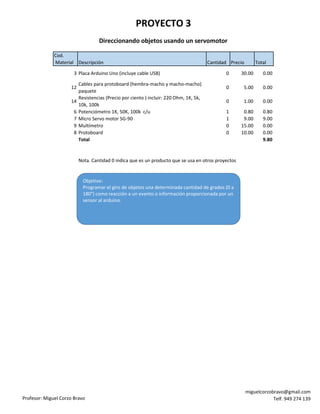 Profesor: Miguel Corzo Bravo
miguelcorzobravo@gmail.com
Telf. 949 274 139
Cod.
Material Descripción Cantidad Precio Total
3 Placa Arduino Uno (incluye cable USB) 0 30.00 0.00
12
Cables para protoboard (hembra-macho y macho-macho)
paquete
0 5.00 0.00
14
Resistencias (Precio por ciento ) incluir: 220 Ohm, 1K, 5k,
10k, 100k
0 1.00 0.00
6 Potenciómetro 1K, 50K, 100k c/u 1 0.80 0.80
7 Micro Servo motor SG-90 1 9.00 9.00
9 Multímetro 0 15.00 0.00
8 Protoboard 0 10.00 0.00
Total 9.80
Nota. Cantidad 0 indica que es un producto que se usa en otros proyectos
Direccionando objetos usando un servomotor
PROYECTO 3
Objetivo:
Programar el giro de objetos una determinada cantidad de grados (0 a
180°) como reacción a un evento o información proporcionada por un
sensor al arduino.
 