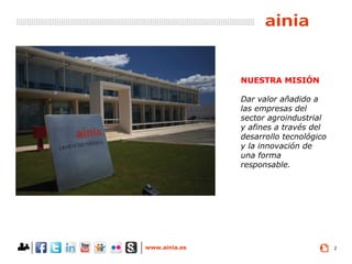 www.ainia.es 2
NUESTRA MISIÓN
Dar valor añadido a
las empresas del
sector agroindustrial
y afines a través del
desarrollo tecnológico
y la innovación de
una forma
responsable.
 