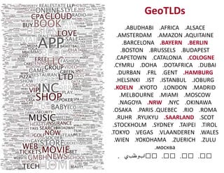 GeoTLDs
.ABUDHABI .AFRICA .ALSACE
.AMSTERDAM .AMAZON .AQUITAINE
.BARCELONA .BAYERN .BERLIN
.BOSTON .BRUSSELS .BUDAPEST
.CAPETOWN .CATALONIA .COLOGNE
.CYMRU .DOHA .DOTAFRICA .DUBAI
.DURBAN .FRL .GENT .HAMBURG
.HELSINKI .IST .ISTANBUL .JOBURG
.KOELN .KYOTO .LONDON .MADRID
.MELBOURNE .MIAMI .MOSCOW
.NAGOYA .NRW .NYC .OKINAWA
.OSAKA .PARIS .QUEBEC .RIO .ROMA
.RUHR .RYUKYU .SAARLAND .SCOT
.STOCKHOLM .SYDNEY .TAIPEI .TIROL
.TOKYO .VEGAS .VLAANDEREN .WALES
.WIEN .YOKOHAMA .ZUERICH .ZULU
.москва
佛山 .广东 .广州 .深圳
Source: .berlin
 