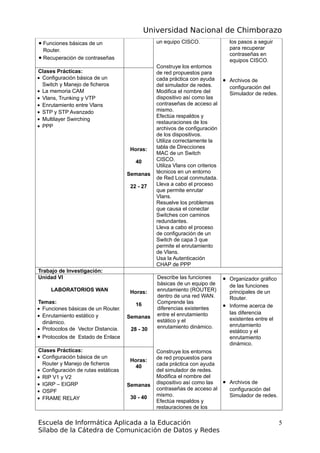 Universidad Nacional de Chimborazo
• Funciones básicas de un
Router.
• Recuperación de contraseñas
un equipo CISCO.
Construye los entornos
de red propuestos para
cada práctica con ayuda
del simulador de redes.
Modifica el nombre del
dispositivo así como las
contraseñas de acceso al
mismo.
Efectúa respaldos y
restauraciones de los
archivos de configuración
de los dispositivos.
Utiliza correctamente la
tabla de Direcciones
MAC de un Switch
CISCO.
Utiliza Vlans con criterios
técnicos en un entorno
de Red Local conmutada.
Lleva a cabo el proceso
que permite enrutar
Vlans.
Resuelve los problemas
que causa el conectar
Switches con caminos
redundantes.
Lleva a cabo el proceso
de configuración de un
Switch de capa 3 que
permite el enrutamiento
de Vlans.
Usa la Autenticación
CHAP de PPP
los pasos a seguir
para recuperar
contraseñas en
equipos CISCO.
• Archivos de
configuración del
Simulador de redes.
Clases Prácticas:
• Configuración básica de un
Switch y Manejo de ficheros
• La memoria CAM
• Vlans, Trunking y VTP
• Enrutamiento entre Vlans
• STP y STP Avanzado
• Multilayer Swirching
• PPP
Horas:
40
Semanas
22 - 27
Trabajo de Investigación:
Unidad VI
LABORATORIOS WAN
Temas:
• Funciones básicas de un Router.
• Enrutamiento estático y
dinámico.
• Protocolos de Vector Distancia.
• Protocolos de Estado de Enlace
Horas:
16
Semanas
28 - 30
Describe las funciones
básicas de un equipo de
enrutamiento (ROUTER)
dentro de una red WAN.
Comprende las
diferencias existentes
entre el enrutamiento
estático y el
enrutamiento dinámico.
Construye los entornos
de red propuestos para
cada práctica con ayuda
del simulador de redes.
Modifica el nombre del
dispositivo así como las
contraseñas de acceso al
mismo.
Efectúa respaldos y
restauraciones de los
• Organizador gráfico
de las funciones
principales de un
Router.
• Informe acerca de
las diferencia
existentes entre el
enrutamiento
estático y el
enrutamiento
dinámico.
• Archivos de
configuración del
Simulador de redes.
Clases Prácticas:
• Configuración básica de un
Router y Manejo de ficheros
• Configuración de rutas estáticas
• RIP V1 y V2
• IGRP – EIGRP
• OSPF
• FRAME RELAY
Horas:
40
Semanas
30 - 40
Escuela de Informática Aplicada a la Educación
Sílabo de la Cátedra de Comunicación de Datos y Redes
5
 
