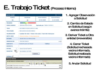 E. Trabajo Ticket  (Proceso Interno) 1 2 3 4 1. Agregar Observación a Solicitud 2. Cambio de Estado en Solicitud (según avance trámite) 3. Derivar Ticket a Otra entidad (irreversible) 4. Cerrar Ticket (Solicitud rechazada vecino informado, Solicitud realizada vecino informado) 5 5. Anular Solicitud 