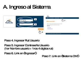 A. Ingreso al Sistema Paso 5. Ingresar Contraseña Usuario (1er Nombre usuario + 1ros 4 digitos rut) Paso 4. Ingresar Rut Usuario Paso 6. Link en “Ingresar” 6 4 5 7 Paso 7. Link en “Sistema CM” 