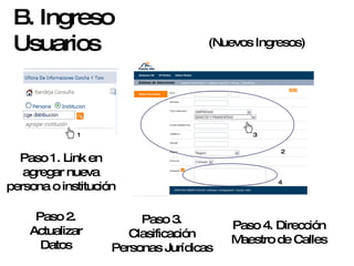 B. Ingreso Usuarios (Nuevos Ingresos) 1 Paso 1. Link en agregar nueva persona o institución Paso 2. Actualizar Datos 3 2 Paso 3. Clasificación Personas Jurídicas Paso 4. Dirección Maestro de Calles 4 