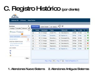 C. Registro Histórico  (por cliente) 1. Atenciones Nuevo Sistema 2. Atenciones Antiguos Sistemas 1 2 2 