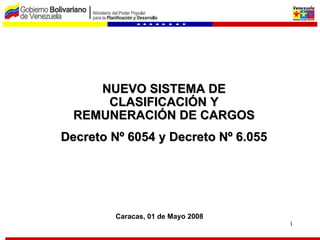 NUEVO SISTEMA DE CLASIFICACIÓN Y REMUNERACIÓN DE CARGOS Decreto Nº 6054 y Decreto Nº 6.055 Caracas, 01 de Mayo 2008 