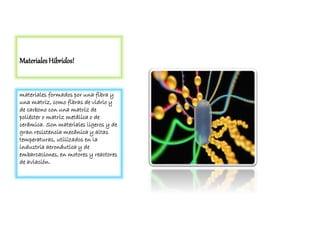 MaterialesHíbridos!
materiales formados por una fibra y
una matriz, como fibras de vidrio y
de carbono con una matriz de
poliéster o matriz metálica o de
cerámica. Son materiales ligeros y de
gran resistencia mecánica y altas
temperaturas, utilizados en la
industria aeronáutica y de
embarcaciones, en motores y reactores
de aviación.
 