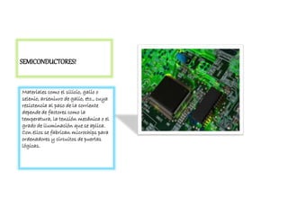 SEMICONDUCTORES!
Materiales como el silicio, galio o
selenio, arseniuro de galio, etc., cuya
resistencia al paso de la corriente
depende de factores como la
temperatura, la tensión mecánica o el
grado de iluminación que se aplica.
Con ellos se fabrican microchips para
ordenadores y circuitos de puertas
lógicas.
 
