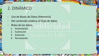 2. DINÁMICO
- Uso de Bases de Datos (Memoria)
- Del contenido estático al Flujo de datos
- Roles de los datos:
1. Acumulación
2. Sustitución
3. Evolución
4. Permutación
 