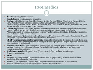 1001 medios
 Nombre: http://1001medios.es/
 Fundador/es: Los integrantes del equipo.
 Equipo: Alicia Baidal, Ana González, Antxon Benito, Carmen Ibáñez, Chiqui de la Fuente, Cristina
Vera, Daniel Olivares, Enrique Meneses, Esther Casla, Izaskun Pérez, Javier Barrera, Jon
Laiseca, Juanjo Ibáñez, Juanpi Seico, Laura Pintos, Luis Díaz, Mirentxu Mariño, Paco Olivares, Paco
Torres, Rodrigo Ponce de León, Rosa Jiménez..
 Contenido: blog que sirve como lugar de encuentro para jóvenes interesados en el periodismo para
compartir ideas, proyectos… Realiza coberturas a congresos y jornadas de periodismo.
Además, incluye 6 programas mensuales propios. También comparte noticias destacadas en general.
Está sustentado en las redes sociales.
 Secciones: Inicio, Qué es 1001 medios, Integrantes, Dónde estamos, Contacto, Planet 1001, Blogroll.
Programas, Experimentos, Planet 1001 & Friends. Tendencias.
 Objetivos comunicacionales/audiencia: compartir información del mundo del periodismo y su
futuro. Ayudar a los jóvenes periodistas a compartir ideas y proyectos. Dirigido a jóvenes estudiantes o
interesados en el periodismo.
 Valores añadidos: la gran variedad de posibilidades que ofrece la página, incluyendo sus redes
sociales, desde poder compartir información periodística hasta las coberturas con jornadas y
conferencias del periodismo.
 Modelo de negocio: Sin publicidad (de momento). Sus colaboradores trabajan
desinteresadamente.
 RRSS:
 Facebook:2396 seguidores. Comparte información de su página web y avisa de las coberturas.
También comparte noticias de interés.
 Twitter: 16,3K seguidores y sigue a 934. Comparte información similar a la del Facebook.
 Tumblr: información y noticias de interés de mundo del periodismo.
 
