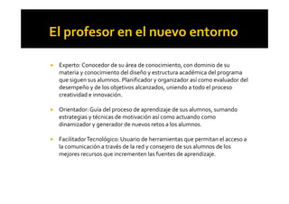 ! Experto:Conocedor de su área de conocimiento, con dominio de su
materia y conocimiento del diseño y estructura académica del programa
que siguen sus alumnos. Planificador y organizador así como evaluador del
desempeño y de los objetivos alcanzados, uniendo a todo el proceso
creatividad e innovación.
! Orientador: Guía del proceso de aprendizaje de sus alumnos, sumando
estrategias y técnicas de motivación así como actuando como
dinamizador y generador de nuevos retos a los alumnos.
! FacilitadorTecnológico: Usuario de herramientas que permitan el acceso a
la comunicación a través de la red y consejero de sus alumnos de los
mejores recursos que incrementen las fuentes de aprendizaje.
 