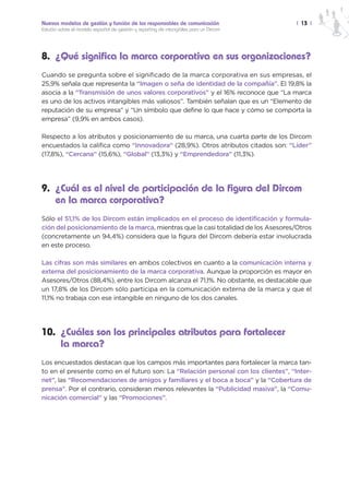 Nuevos modelos de gestión y función de los responsables de comunicación                | 13 |
Estudio sobre el modelo español de gestión y reporting de intangibles para un Dircom




8. ¿Qué significa la marca corporativa en sus organizaciones?
Cuando se pregunta sobre el significado de la marca corporativa en sus empresas, el
25,9% señala que representa la “Imagen o seña de identidad de la compañía”. El 19,8% la
asocia a la “Transmisión de unos valores corporativos” y el 16% reconoce que “La marca
es uno de los activos intangibles más valiosos”. También señalan que es un “Elemento de
reputación de su empresa” y “Un símbolo que define lo que hace y cómo se comporta la
empresa” (9,9% en ambos casos).

Respecto a los atributos y posicionamiento de su marca, una cuarta parte de los Dircom
encuestados la califica como “Innovadora“ (28,9%). Otros atributos citados son: “Líder”
(17,8%), “Cercana” (15,6%), “Global” (13,3%) y “Emprendedora” (11,3%).




9. ¿Cuál es el nivel de participación de la figura del Dircom
   en la marca corporativa?
Sólo el 51,1% de los Dircom están implicados en el proceso de identificación y formula-
ción del posicionamiento de la marca, mientras que la casi totalidad de los Asesores/Otros
(concretamente un 94,4%) considera que la figura del Dircom debería estar involucrada
en este proceso.

Las cifras son más similares en ambos colectivos en cuanto a la comunicación interna y
externa del posicionamiento de la marca corporativa. Aunque la proporción es mayor en
Asesores/Otros (88,4%), entre los Dircom alcanza el 71,1%. No obstante, es destacable que
un 17,8% de los Dircom sólo participa en la comunicación externa de la marca y que el
11,1% no trabaja con ese intangible en ninguno de los dos canales.




10. ¿Cuáles son los principales atributos para fortalecer
    la marca?
Los encuestados destacan que los campos más importantes para fortalecer la marca tan-
to en el presente como en el futuro son: La “Relación personal con los clientes”, “Inter-
net”, las “Recomendaciones de amigos y familiares y el boca a boca” y la “Cobertura de
prensa”. Por el contrario, consideran menos relevantes la “Publicidad masiva”, la “Comu-
nicación comercial” y las “Promociones”.
 