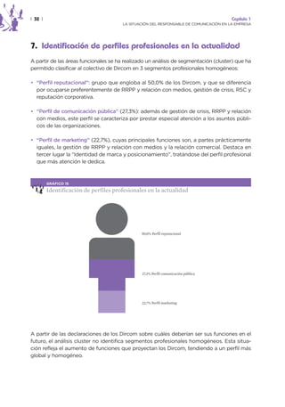 | 32 |                                                                                  Capítulo 1
                                       LA SITUACIÓN DEL RESPONSABLE DE COMUNICACIÓN EN LA EMPRESA




7. Identificación de perfiles profesionales en la actualidad
A partir de las áreas funcionales se ha realizado un análisis de segmentación (cluster) que ha
permitido clasificar al colectivo de Dircom en 3 segmentos profesionales homogéneos:

• “Perfil reputacional”: grupo que engloba al 50,0% de los Dircom, y que se diferencia
  por ocuparse preferentemente de RRPP y relación con medios, gestión de crisis, RSC y
  reputación corporativa.

• “Perfil de comunicación pública” (27,3%): además de gestión de crisis, RRPP y relación
  con medios, este perfil se caracteriza por prestar especial atención a los asuntos públi-
  cos de las organizaciones.

• “Perfil de marketing” (22,7%), cuyas principales funciones son, a partes prácticamente
  iguales, la gestión de RRPP y relación con medios y la relación comercial. Destaca en
  tercer lugar la “Identidad de marca y posicionamiento”, tratándose del perfil profesional
  que más atención le dedica.



         GRÁFICO 15

         Identificación de perfiles profesionales en la actualidad




                                               50,0% Perfil reputacional




                                               27,3% Perfil comunicación pública




                                               22,7% Perfil marketing




A partir de las declaraciones de los Dircom sobre cuáles deberían ser sus funciones en el
futuro, el análisis cluster no identifica segmentos profesionales homogéneos. Esta situa-
ción refleja el aumento de funciones que proyectan los Dircom, tendiendo a un perfil más
global y homogéneo.
 