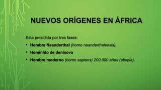 NUEVOS ORÍGENES EN ÁFRICA
Esta presidida por tres fases:
• Hombre Neanderthal (homo neanderthalensis).
• Homínido de denisova
• Hombre moderno (homo sapiens) 200.000 años (etiopia).
 