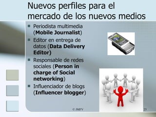 Nuevos perfiles para el mercado de los nuevos medios <ul><li>Periodista multimedia ( Mobile Journalist ) </li></ul><ul><li...