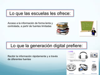 Acceso a la información de forma lenta y controlada, a partir de fuentes limitadas Recibir la información rápidamente y a través de diferentes fuentes Lo que las escuelas les ofrece: Lo que la generación digital prefiere: 