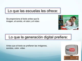 Se proporciona el texto antes que la imagen, el sonido, el color y el video Antes que el texto se prefieren las imágenes, sonidos, color, video Lo que las escuelas les ofrece: Lo que la generación digital prefiere: 