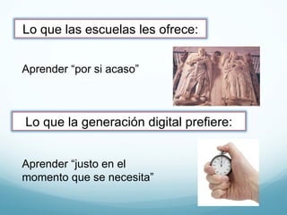 Aprender “por si acaso” Aprender “justo en el momento que se necesita” Lo que las escuelas les ofrece: Lo que la generación digital prefiere: 