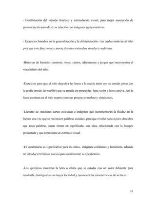 - Combinación del método fonético y estimulación visual, para mejor asociación de

pronunciación (sonido) y su relación con imágenes representativas.



- Ejercicios basados en la generalización y la diferenciación.- las cuales motivan al niño

para que éste discrimine y asocie distintos estímulos visuales y auditivos.



-Historias de fantasía (cuentos), rimas, cantos, adivinanzas y juegos que incrementan el

vocabulario del niño.



-Ejercicios para que el niño descubra las letras y la asocie tanto con su sonido como con

la grafía (modo de escribir) que se enseña en preescolar: letra script y letra cursiva. Así la

lecto-escritura en el niño ocurre como un proceso completo y simultáneo.



-Lecturas de oraciones cortas asociadas a imágenes que incrementarán la fluidez en la

lectura una vez que se reconocen palabras aisladas, para que el niño poco a poco descubra

que estas palabras juntas tienen un significado, una idea, relacionada con la imagen

presentada y que representa un estímulo visual.



-El vocabulario es significativo para los niños, imágenes cotidianas y familiares, además

de introducir términos nuevos para incrementar su vocabulario.



-Los ejercicios muestran la letra o sílaba que se estudia con un color diferente para

resaltarla, distinguirla con mayor facilidad y reconocer las características de su trazo.




                                                                                            31
 