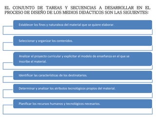 EL CONJUNTO DE TAREAS Y SECUENCIAS A DESARROLLAR EN EL
PROCESO DE DISEÑO DE LOS MEDIOS DIDÁCTICOS SON LAS SIGUIENTES:
Establecer los fines y naturaleza del material que se quiere elaborar.
Seleccionar y organizar los contenidos.
Analizar el proyecto curricular y explicitar el modelo de enseñanza en el que se
inscribe el material.
Identificar las características de los destinatarios.
Determinar y analizar los atributos tecnológicos propios del material.
Planificar los recursos humanos y tecnológicos necesarios.
 
