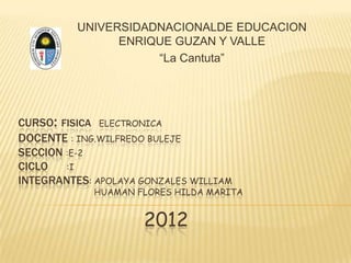 UNIVERSIDADNACIONALDE EDUCACION
                ENRIQUE GUZAN Y VALLE
                     “La Cantuta”




CURSO: FISICA ELECTRONICA
DOCENTE : ING.WILFREDO BULEJE
SECCION :E-2
CICLO   :I
INTEGRANTES: APOLAYA GONZALES WILLIAM
             HUAMAN FLORES HILDA MARITA


                     2012
 