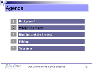 Agenda

  1   Background

  2   Where we are now

  3   Highlights of the Proposal

  4   Pricing

  5   Next steps




            Our Commitment is your Success   13
 