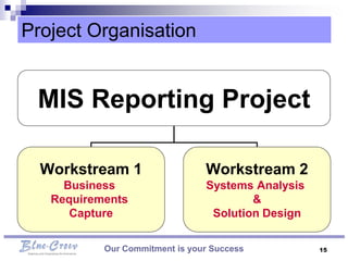 Project Organisation


 MIS Reporting Project

  Workstream 1                  Workstream 2
     Business                   Systems Analysis
   Requirements                         &
      Capture                    Solution Design

           Our Commitment is your Success          15
 