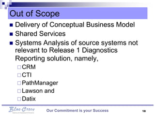 Out of Scope
 Delivery of Conceptual Business Model
 Shared Services
 Systems Analysis of source systems not
  relevant to Release 1 Diagnostics
  Reporting solution, namely,
     CRM
     CTI
     PathManager
     Lawson   and
     Datix

               Our Commitment is your Success   18
 