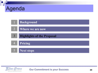 Agenda

  1   Background

  2   Where we are now

  3   Highlights of the Proposal

  4   Pricing

  5   Next steps




            Our Commitment is your Success   20
 