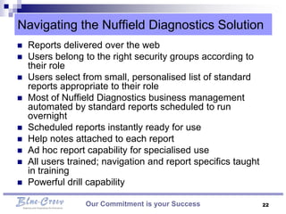 Navigating the Nuffield Diagnostics Solution
   Reports delivered over the web
   Users belong to the right security groups according to
    their role
   Users select from small, personalised list of standard
    reports appropriate to their role
   Most of Nuffield Diagnostics business management
    automated by standard reports scheduled to run
    overnight
   Scheduled reports instantly ready for use
   Help notes attached to each report
   Ad hoc report capability for specialised use
   All users trained; navigation and report specifics taught
    in training
   Powerful drill capability

                  Our Commitment is your Success                22
 