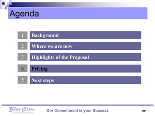 Agenda

  1   Background

  2   Where we are now

  3   Highlights of the Proposal

  4   Pricing

  5   Next steps




            Our Commitment is your Success   27
 
