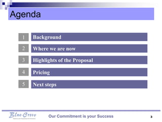 Agenda

  1   Background

  2   Where we are now

  3   Highlights of the Proposal

  4   Pricing

  5   Next steps




            Our Commitment is your Success   3
 