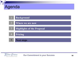 Agenda

  1   Background

  2   Where we are now

  3   Highlights of the Proposal

  4   Pricing

  5   Next steps




            Our Commitment is your Success   32
 