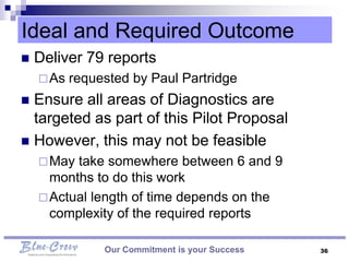Ideal and Required Outcome
   Deliver 79 reports
     As   requested by Paul Partridge
 Ensure all areas of Diagnostics are
  targeted as part of this Pilot Proposal
 However, this may not be feasible
     May take somewhere between 6 and 9
      months to do this work
     Actual length of time depends on the
      complexity of the required reports

                Our Commitment is your Success   36
 