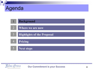 Agenda

  1   Background

  2   Where we are now

  3   Highlights of the Proposal

  4   Pricing

  5   Next steps




            Our Commitment is your Success   4
 